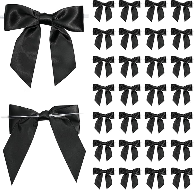 Black Satin Ribbon Twist Tie Bows 5 Inch Pre-Tied Black Gift Bows for Crafts, Treat Bags, Party Favors, Wedding, Baby Shower, Candy Apple, Christmas (36 Pack)