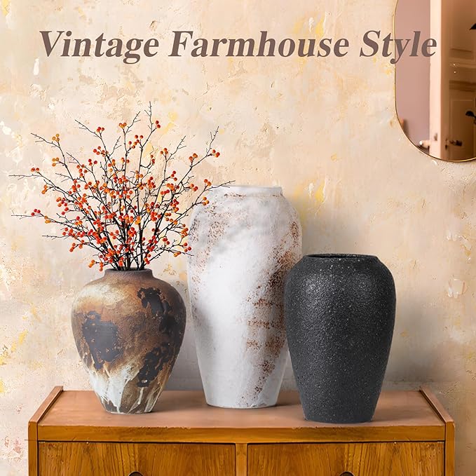 Large Rustic Vase for Flowers,13.8'' White Farmhouse Ceramic Vases for Home Decor, Minimalist Decorative Tall Vase for Living Room, Entryway, Shelf, Premium Pottery Clay Table Centerpiece Decor