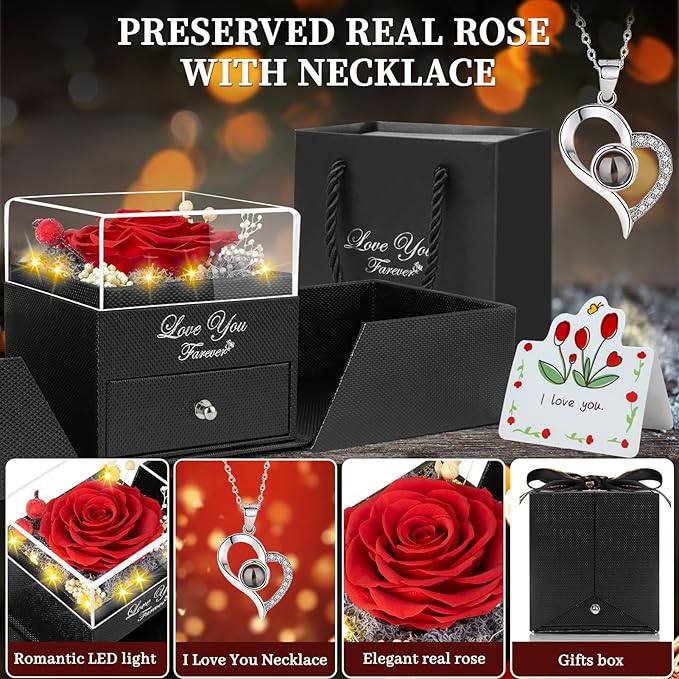 Preserved Red Real Rose -Eternal Flowers Rose Gifts for Mom Grandma Wife Girlfriend on Various Festivals Gifts for Her Christmas Birthday Anniversary with I Love You Necklace