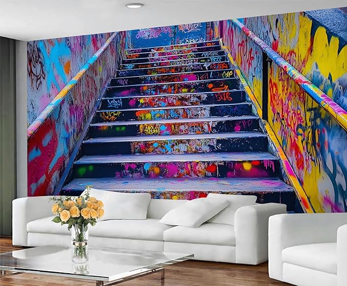Graffiti Staircase Wall Mural, Urban Street Art 3D Wall Murals, Modern Hip-Hop Colorful Graffiti Steps Wallpaper Mural, for Living Room Bedroom Large Wallpaper Indoor Decor 118" W x 82.6 "H