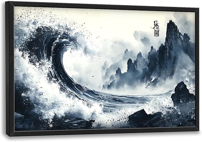 Mountain Wave Large Wall Art Framed Chinese Wall Decor for Living Room Waves Pictures Oversized Canvas Print Painting Modern Extra Large Framed Artwork for Bedroom Office Home Decor 36"x24"