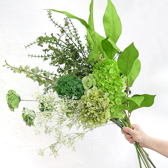 FiveSeasonStuff Elegant Green Artificial Bouquet – Hydrangea, Roses, Camellia, Baby's Breath & More for Home Décor, Weddings, Centerpieces, and Events