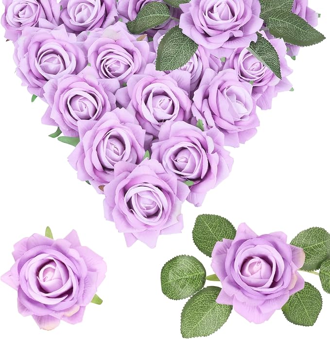 Purple Roses Artificial Flowers 16pcs Velvet Artificial Roses with Stems 3.15" Purple Fake Roses for Bridal Bouquet Wedding Flowers for Floral Centerpieces Home Party Decor (Purple)