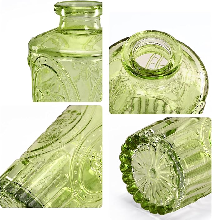 Green Small Bud Vases in Bulk 12, Vintage Embossed Flower Vases for Centerpieces, Boho Glass Vase for Flowers, Decorative Mini Vase for Wedding Decoration Party Baby Shower Home Dining Table