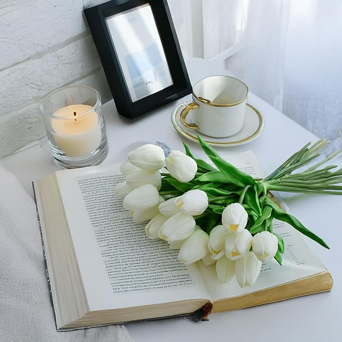 White Faux Tulips (20 Pcs) - Premium PU Artificial Flowers for Christmas & Thanksgiving Table Setting, Winter DIY Home Decor - 13.5" Real Touch
