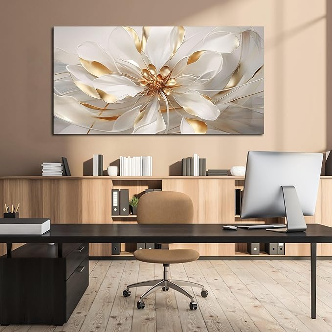 Flower Canvas Wall Art for Living Room Large Size White Wall Decor for Bedroom Girls Gold Wall Art for Office 29 x 58 Inches