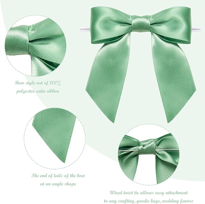 WRAPAHOLIC 30 Pcs 3" Sage Green Satin Ribbon Bows with Twist Tie - Pretied Premade Craft Bows for Christmas Party Crafts Treat Bags Gift Wrapping Wedding Birthday Baby Shower