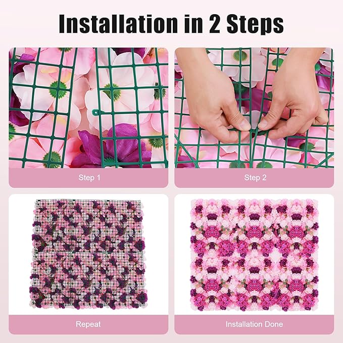 Flower Wall Panel Set,Artificial Wall Flower Backdrop,6Pcs 23.62 * 15.74 3D Silk Hydrangea Rose Floral Panel,Faux Roses Artificial Flower Backdrop for Wall Decor (6PCS Pink, Purple)