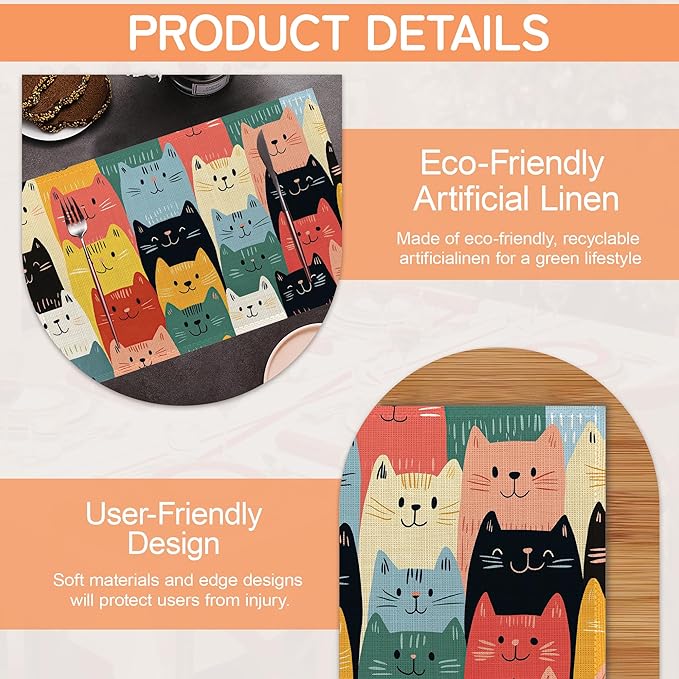 Cute Cat Placemat Set of 6,Heat Resistant Linen Table Mats for Indoor Outdoor Home Kitchen Dining Room Table 12x18Inch