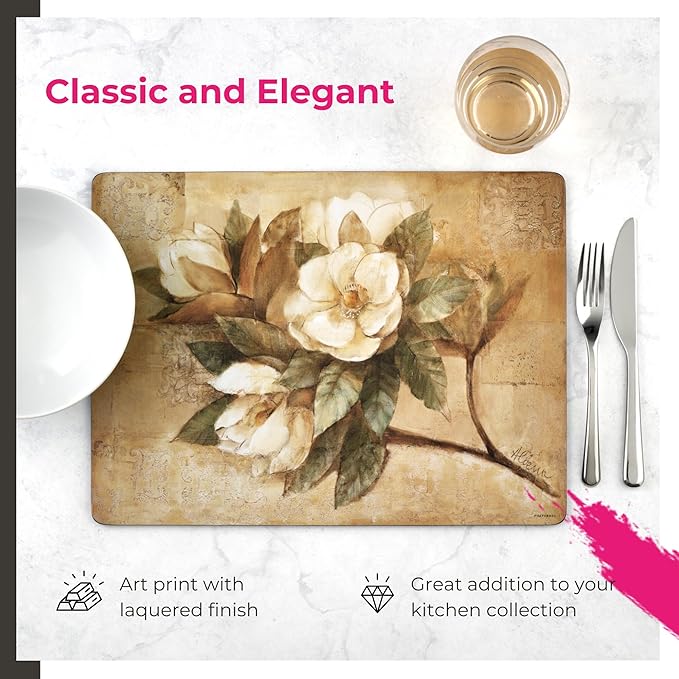 Pimpernel Sugar Magnolia Collection Placemats & Coasters (15.7" x 11.7") – Cork-Backed Boards with Lacquer Finish, Heat & Stain Resistant Dining Mats & Surface Protectors for Kitchen & Home Decor