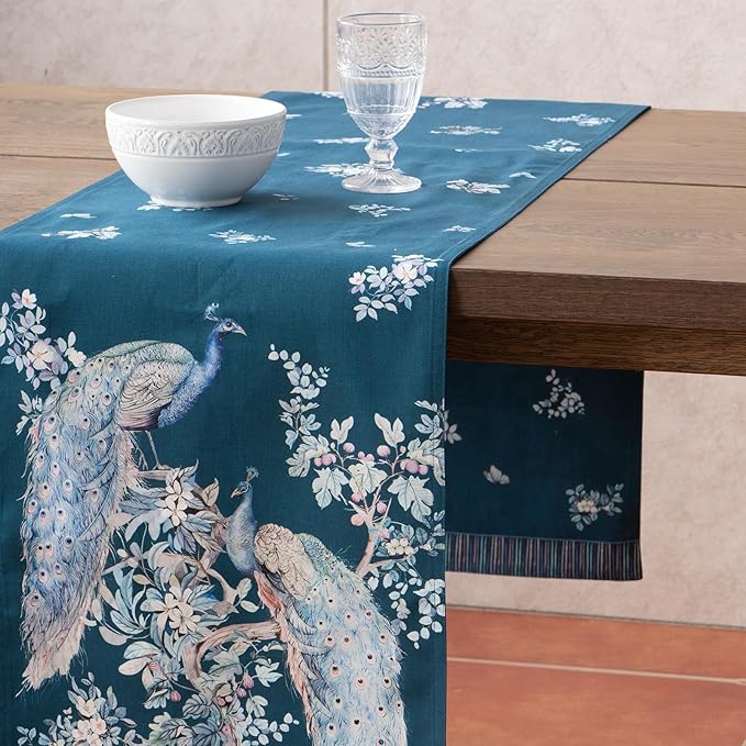 Maison d' Hermine Tablerunners 100% Combed Cotton Premium Table Runner Decorative Table Cover, Home, Kitchen & Camping, Peacock Utopia - Deep Sea, Double Layer - (14.5"x72")