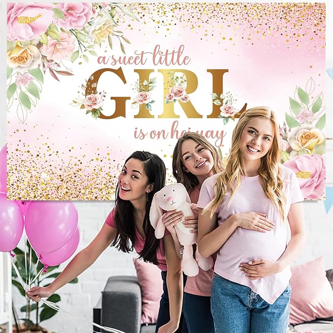 7x5ft Baby Shower Backdrop for Girl, A Sweet Little Girl is on Her Way Pink Floral Background Banner, Gold Glitter Backdrop for Newborn Party, Gender Reveal Celebration Photo Booth Decor