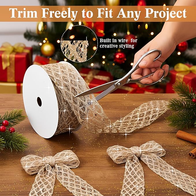 Geosar 20 Yards Champagne Gold Glitter Mesh Wired Ribbon for Christmas Tree Decorations, Gift Wrapping, DIY Craft, Xmas Wreaths, Cabinet Decor (2.5 Inch)