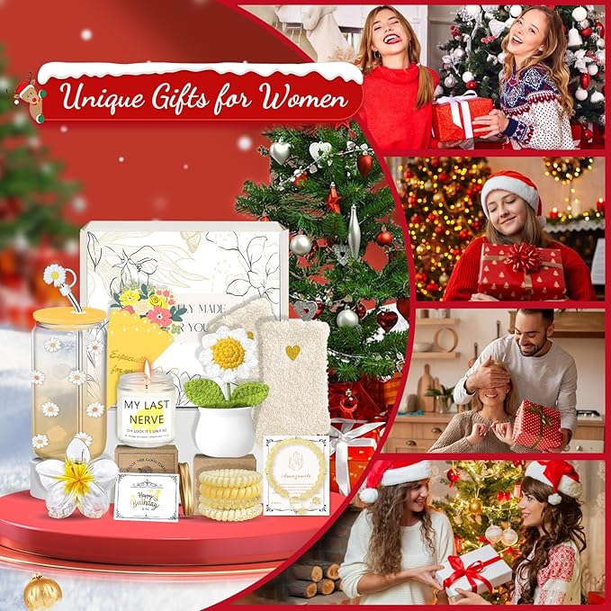 Christmas Birthday Gifts for Women, Teen Girls, Her, Unique Happy Birthday Gift Baskets for Best Friend Sister Daughter, Women Gifts Box for Girls Wife Girlfriends, 14pcs Cute Daisy Gift Set(Yellow)