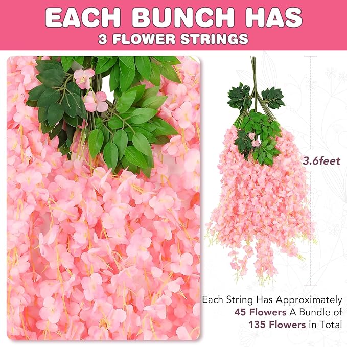 Wisteria Hanging Flowers,Fake Hanging Flowers,Wisteria artificiales Garland for Home Wedding Arch Floral Party Garden Ceremony Outdoor Decor,3.6 feet Long(25,Pink)