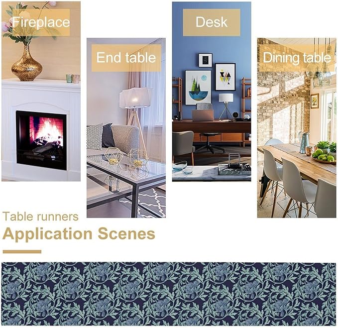 Vintage William Morris Table Runner, Retro Blue Floral Botanical Plant Farmhouse Design Table Runner for Kitchen Dining Party Holiday Decortaion, 13x60 Inch