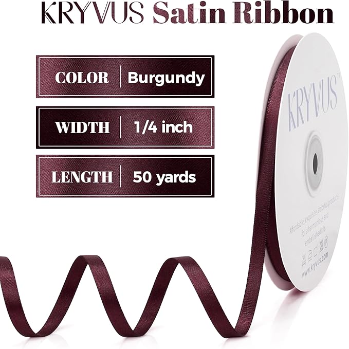 Burgundy Satin Ribbon, Double Faced 1/4 Inch X 50 Yards Burgundy Ribbon, Premium Satin Ribbon for Gift Wrapping, Crafts, Hair Bow Making, Sewing, Flower Bouquet, Wedding Party Decor