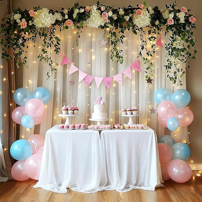 10x10ft White Tulle Backdrop Curtain with Lights String for Parites, Sheer Backdrop Curtains for Wedding Baby Shower Birthday Party Photo Shoot Decorations