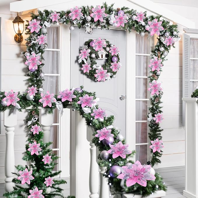 Geosar 36 Pcs Christmas Glitter Artificial Poinsettia Flowers Xmas Poinsettia Artificial Wedding Flowers Decorations Xmas Tree Ornaments with Clips for Party, 6 Inch, 4 Inch, 3 Inch(Pink and Silver)