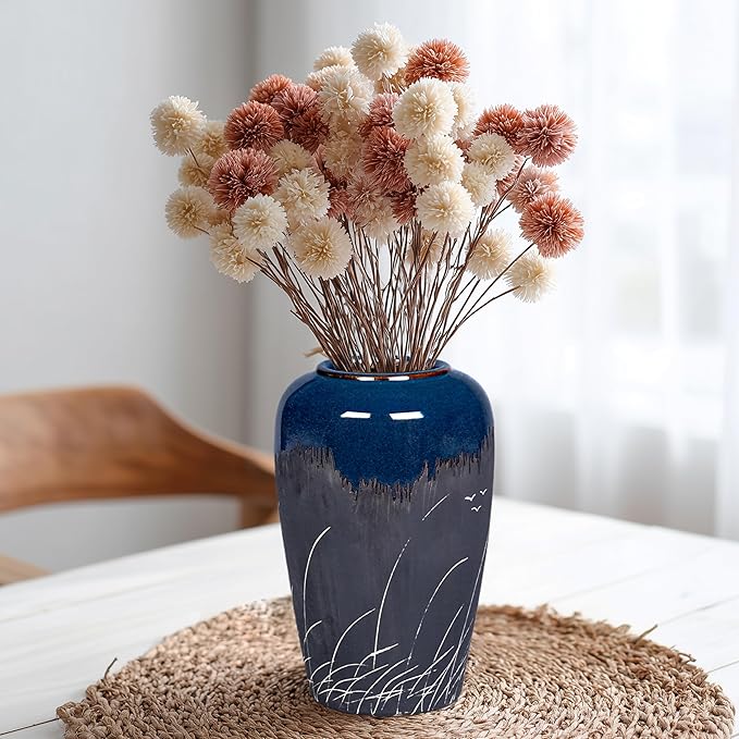 Black and Navy Blue Vase, 8 Inch Dark Blue Ceramic Vase for Flowers, Modern Decorative Vases for Home Decor, Coastal Living Room Decor, Navy Table Centerpiece