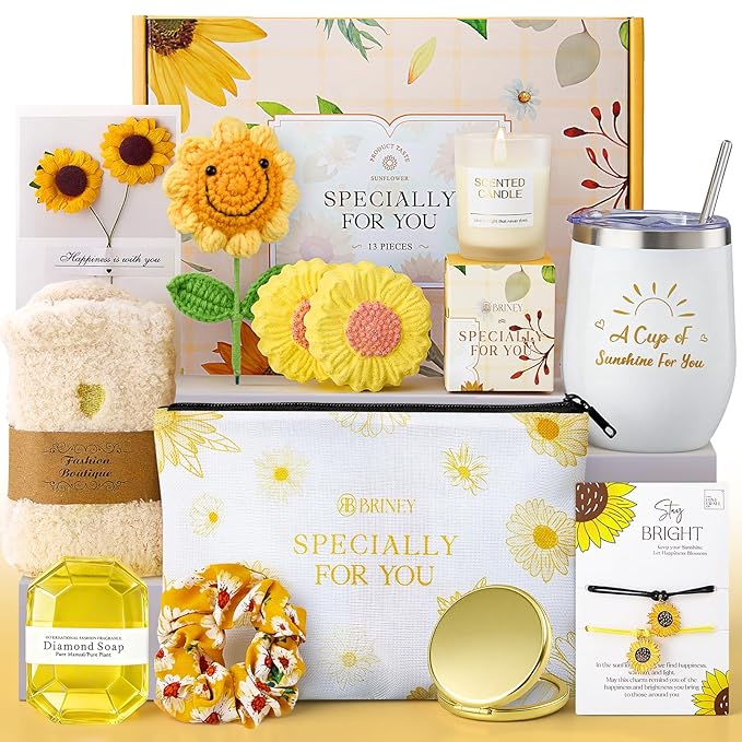 Briney Birthday Gift for Women, Sunflower Present Basket, Birthday Christmas Gift Basket for Mom Wife Girlfriend Her Sister, Relaxing Self Care Package, Yellow