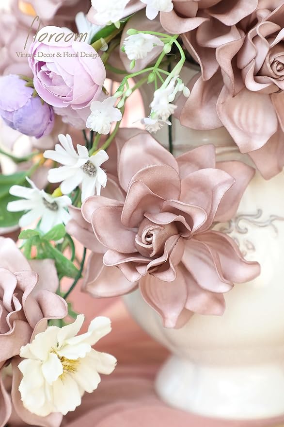 Floroom Artificial Gardenia Flowers 2.7" 25pcs Real Looking Dusty Rose Foam Fake Flowers with Stems for DIY Wedding Bouquets Bridal Shower Centerpieces Floral Arrangements Party Tables Decorations