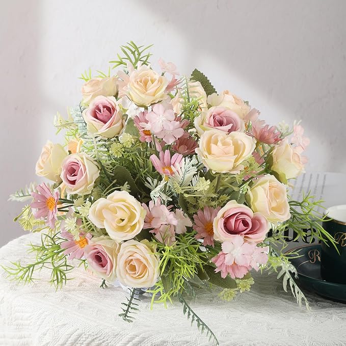 Artificial Flowers Fake Rose Bouquet 3 Pack Artificial Flowers Bouquet Plastic Flower Arrangements Wedding Decoration Table Centerpieces(Purple)