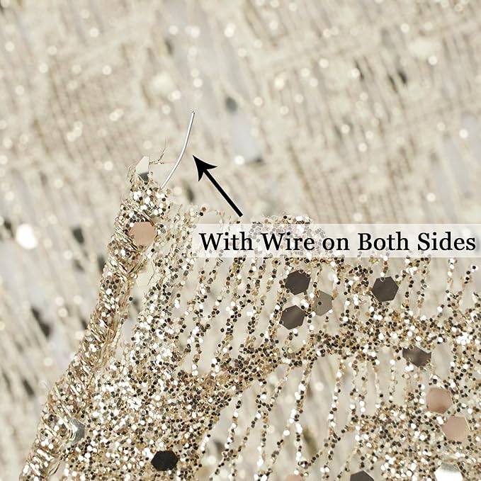 MEEDEE 6 Inch Wide Wired Ribbon Champagne Gold Glitter Mesh Web Wired Edge Ribbon by 10 Yards Roll Champagne Mesh Wired Ribbons for Christmas Tree, Garland, Wreaths, Bows, Centerpiece, Gift Wrapping