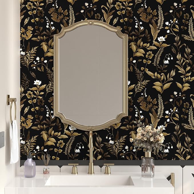 Dark Floral Peel and Stick Wallpaper, Vintage Leaf Pattern Black Gold Self Adhesive Removable Wallpaper for Bedroom Cabinet Kitchen, Vinyl Modern Contact Paper Retro Black Gold 17.5In x 118In