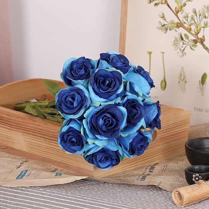 Nubry Artificial Silk Rose Flower Single Stem Lifelike Vintage Fake Rose for Wedding Bouquet Floral Arrangements Home Party Centerpiece Decoration, 10pcs (Vintage Royal Blue)