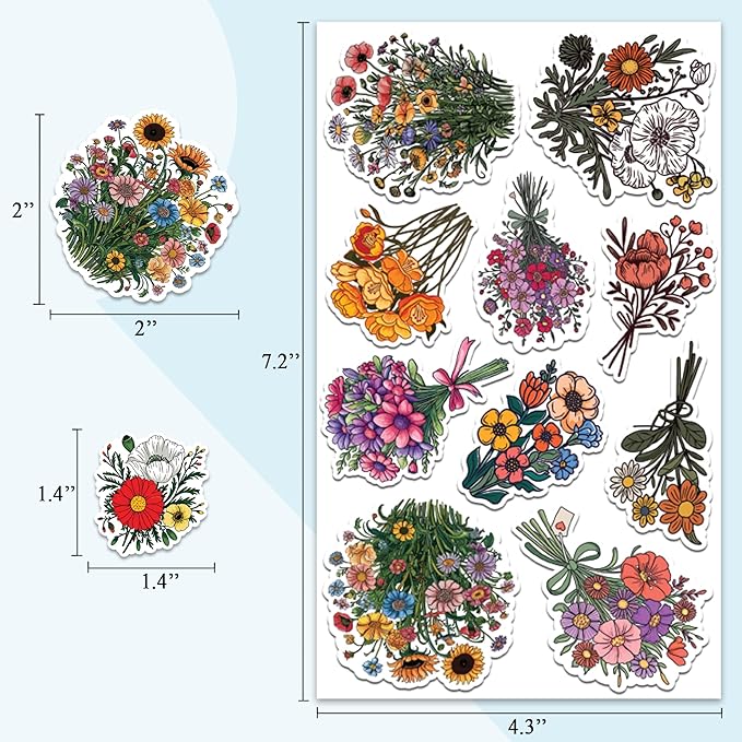 Wild Flower Bunch Stickers 50 Pieces Vinyl Waterproof Decal for Laptop Water Bottle Phone Car Window Guitar Stakeboard Scrapbook Flowers Sticker Gifts