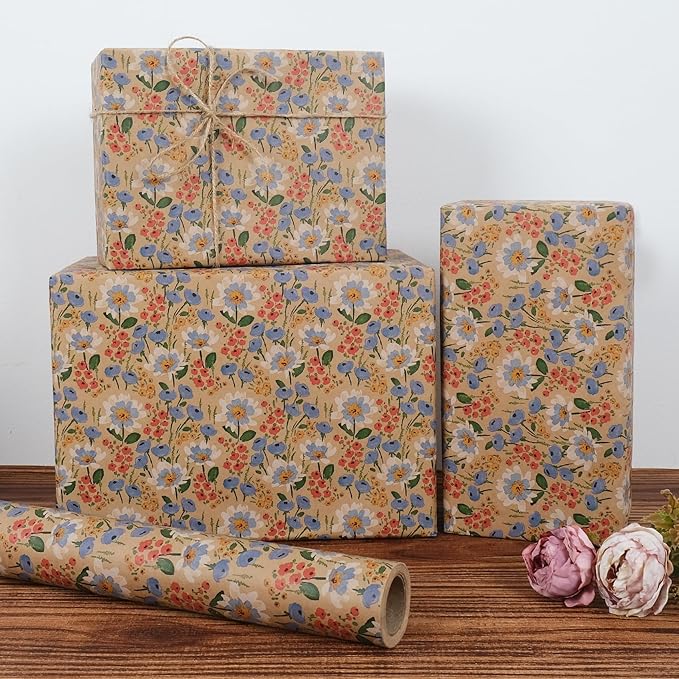 Aimyoo Kraft Floral Wrapping Paper Roll - Jumbo Roll - 30 Inch x 33 Feet - All Occasion Vintage Flower Gift Wrap Paper for Mother's Day Wedding Birthday Bridal Shower