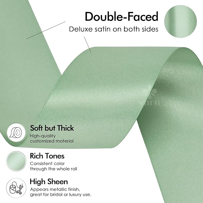MEEDEE Sage Satin Ribbon 2 Inch Light Green Ribbon Double Faced Satin Ribbons by 25 Yards Silk Luxurious Green Ribbons for Crafts, Cake Decoration, Weddings, Flower Bouquet