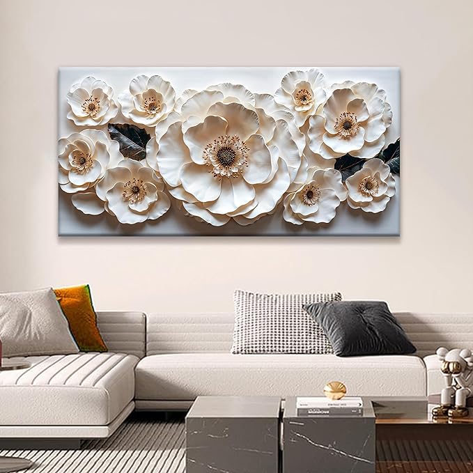 Floral Wall Art For Living Room Modern White Wall Decor Prints Artwork Canvas Art Wall Decor Painting White Flower Wall Art Picture For Bedroom Apartment Home Artwork 24 X 48 Inch