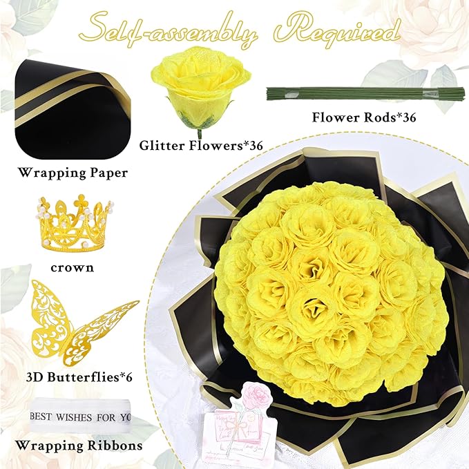 Waipfaru Glitter Roses Bouquet, DIY Yellow Fake Flowers Bouquet, 36 Pcs Rose for Grandma Wife Girlfriend Valentines, Mothers Day, Anniversary, Graduation