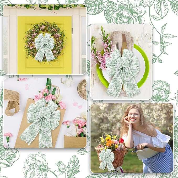 Floral Wired Edge Ribbon Roll Green Flower Ribbon Chinoiserie Fabric Ribbon for Wreath Bow Making DIY Crafts Gift Wrapping, 12 Yard