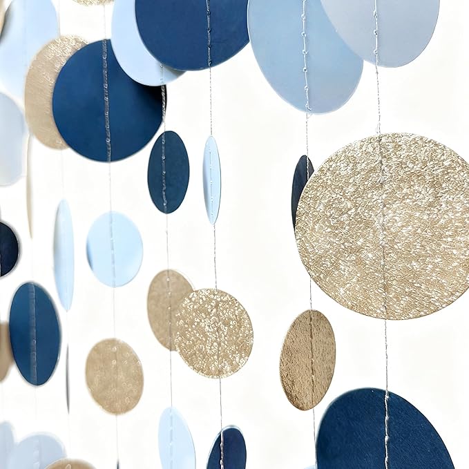 Navy Blue Champagne Gold Polka Dots Garland Hanging Paper Circle Dot Streamer for Birthday Baby Shower Wedding Graduation Engagement Bridal Shower Bachelorette Retirement Party Decorations Supplies