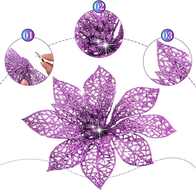 Boao Purple 24 Pieces Poinsettia Flower Christmas Glitter Artificial Poinsettia with Clips Christmas Tree Ornament Decorations for DIY Xmas Wreath Holiday Home Party Decor, 3/4/6 Inches