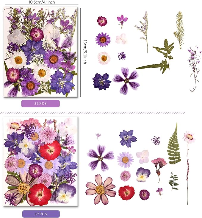140 PCS Purple Real Pressed Dried Flowers and Leaves with Butterfly Stickers & Tweezers – Natural Dried Flowers for Resin, Candle, Jewelry, Scrapbooking & DIY Crafts (Purple 140)