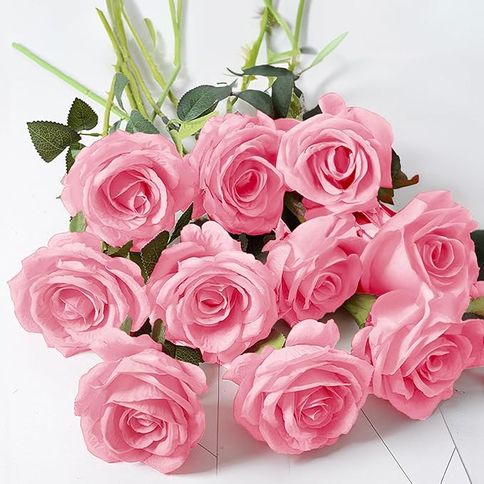 20PCS Artificial Roses with Long Stems - Realistic Silk Flowers, Fake Roses Bouquet of Roses for Home Decor, Bridal Wedding Party Table Centerpieces, Bulk Faux Rose Flowers (White Pink)
