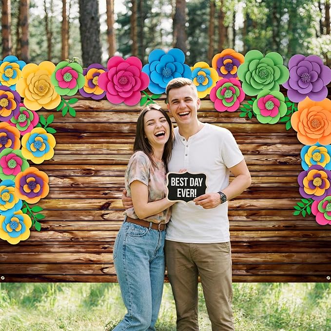 Frienda 36 Pcs DIY Paper Flower Decor Set with 83x59 Inch Custom Background Cloth and Rope, Artificial 3D Flower Wall Decor for Wall Bulletin Board Wedding Halloween Mexican Festive Party(Wooden)