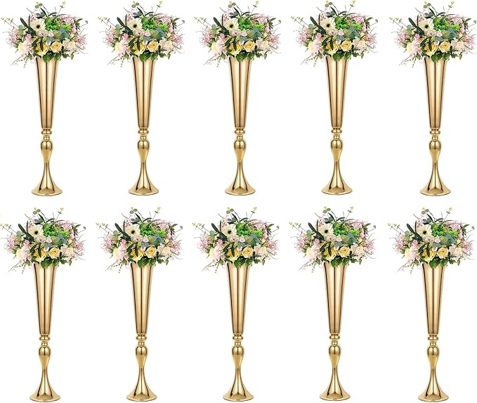 LoveCat 10pcs of Versatile Metal Tabletop Flower Stands, Gold Wedding Table Centerpiece Stands, 21.9" Tall Trumpet Vases for Wedding Birthday Holiday Party Important Event Home Décor