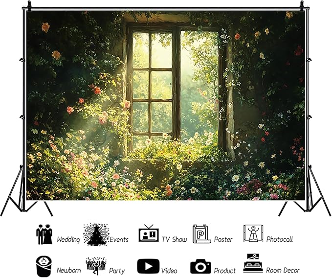 Baocicco 10x7ft Spring Window Photography Backdrops Sunshine Oil Painting Flowers Background Cloth for Marriage Valentines Mothers Day Engagement Party Decoration Photo Props Background Supplies