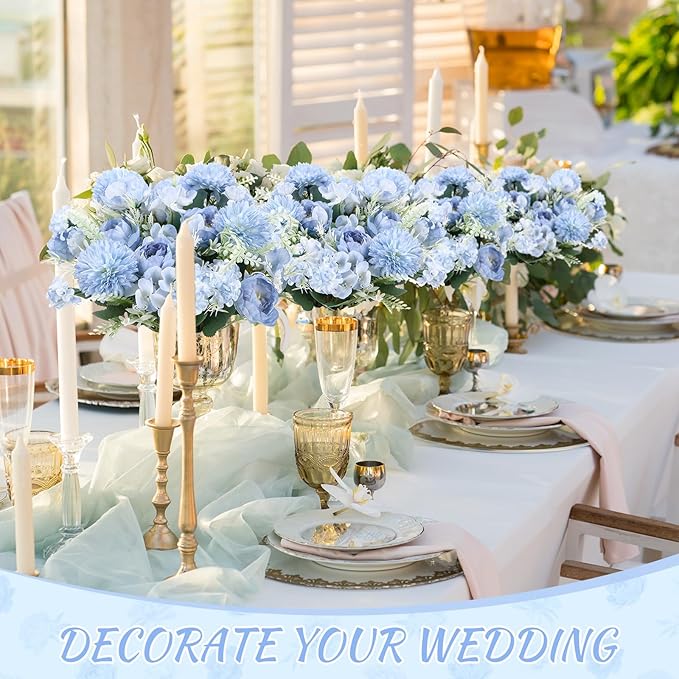 Lyrow 8 Pcs Peony Artificial Flowers Fake Silk Hydrangea Bouquet Elegant Peony Flowers for Wedding Decoration Faux Realistic Floral for Home Party Table Centerpieces Arrangement (Gradiente Blue)