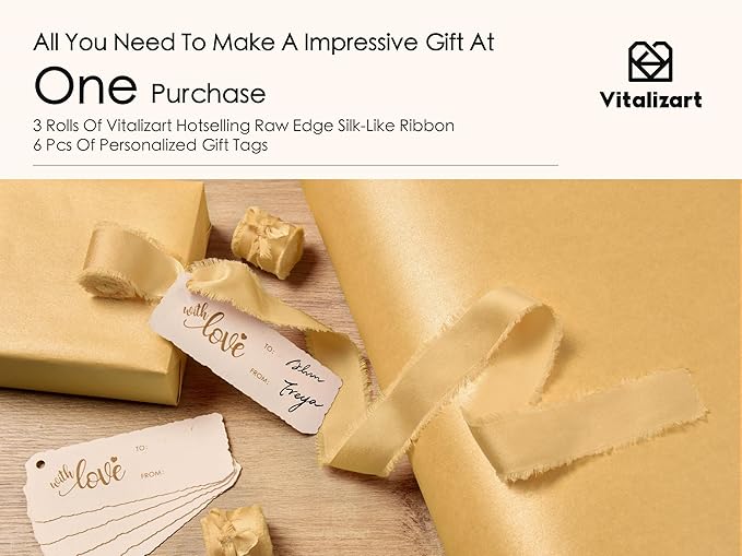 Vitalizart Gold Wrapping Paper Set 17" Pearly-Lustre With Silk Like Satin Ribbon & Gift Tags Recyclable Christmas Gift Wrapping Birthday Baby Shower Wedding Handmade Crafts 197"(16.4 Ft)