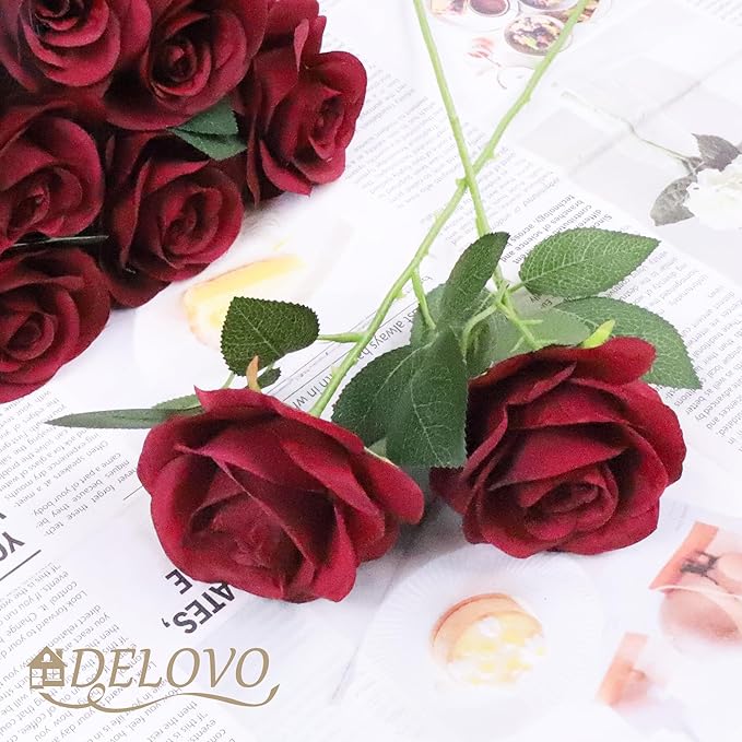 DELOVO 52pcs Burgundy roses artificial flowers Fake Flowers silk roses with Stems for DIY Wedding Bouquets Bridal Shower Centerpieces Arrangements Party Decorations