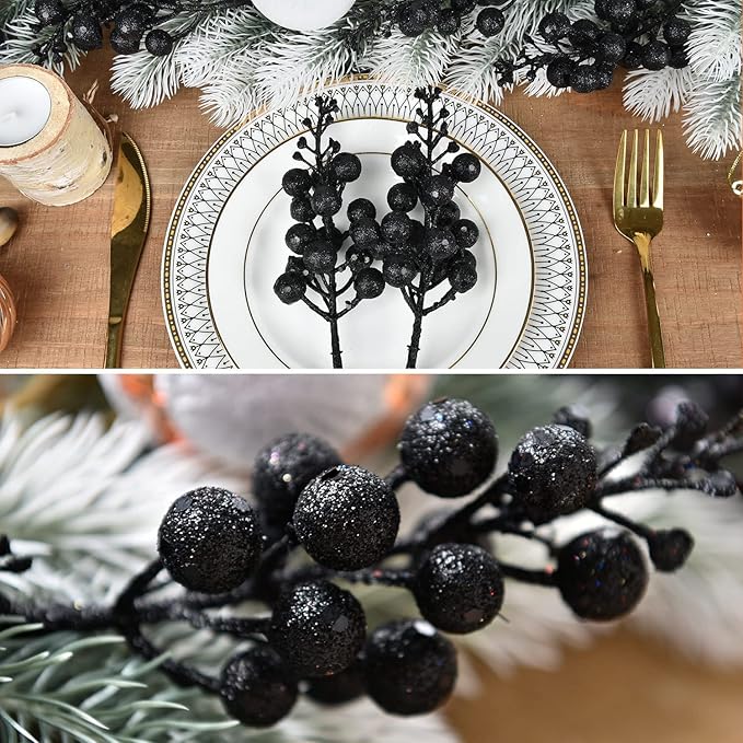 DearHouse 14 Pack Christmas Glitter Berries Stems, 7.8Inch Artificial Christmas Picks for Christmas Tree Ornaments, DIY Xmas Wreath, Crafts, Holiday and Home Decor (Black)