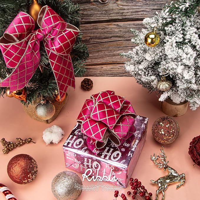 Ribbli Hot Pink Velvet Ribbon Wired with Glitter Diamond Grid 2-1/2 Inch Christmas Ribbon for Christmas Tree Decoration Big Bow Gift Wrapping Crafts Wreaths Garland Supplies - 10 Yards