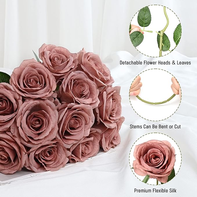 Waipfaru 16 Pcs Artificial Flowers Fake Silk Dusty Roses, Faux Real Touch Roses Bouquet with Long Stem for Wedding Party Home Decor (Dusty Rose)