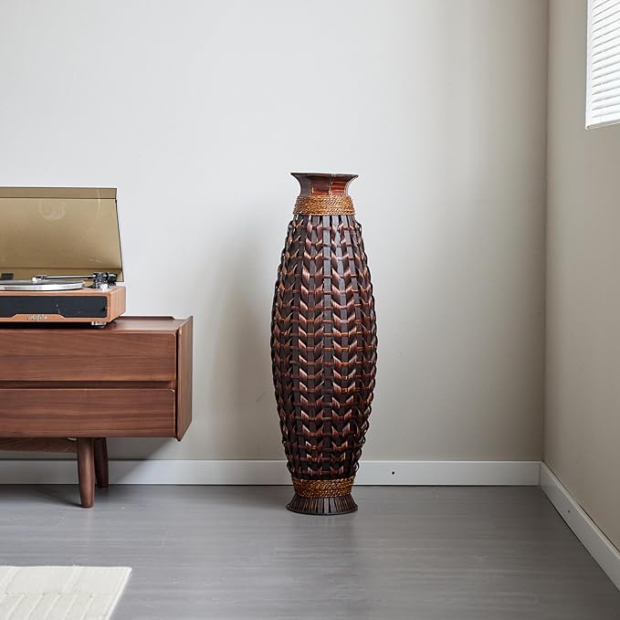 Large Hand-Woven Bamboo Floor Vase, Tall Home Decor Floor Vase for Fake Flower Dried, Flower Holder for Living Room, Bedroom, Dining Room, Entryway, Hallway